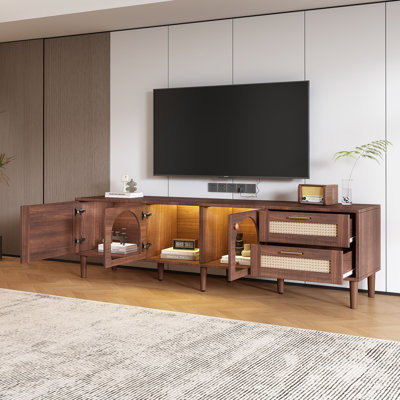 Meuble télé pour téléviseur de 80 po ou moins, centre de divertissement avec lumières DEL contrôlées par une application, 2 tiroirs et rangement pour porte en verre, console multimédia moderne