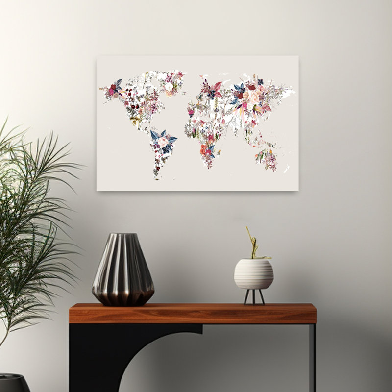 Art contemporain abstrait «World Map Flowers Light», H 16 po x l 24 po