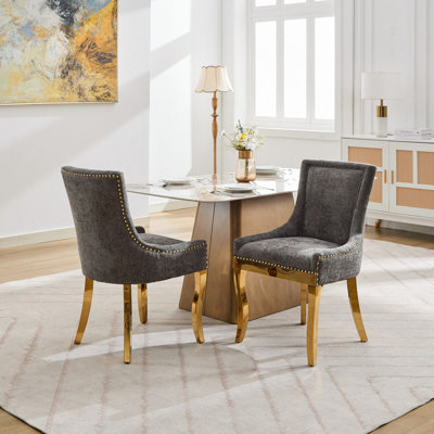 Modern Chenille Upholstered Dining Chairs with Gold Plated Legs and Rivet Trim Set of 2