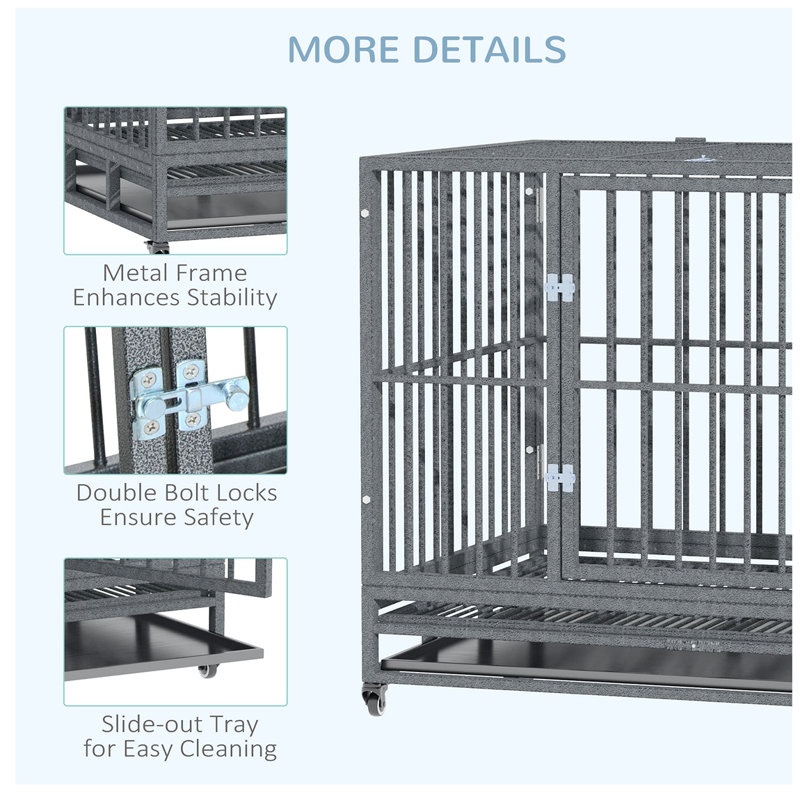 Large Gray Rolling Metal Dog Crate with Double Doors