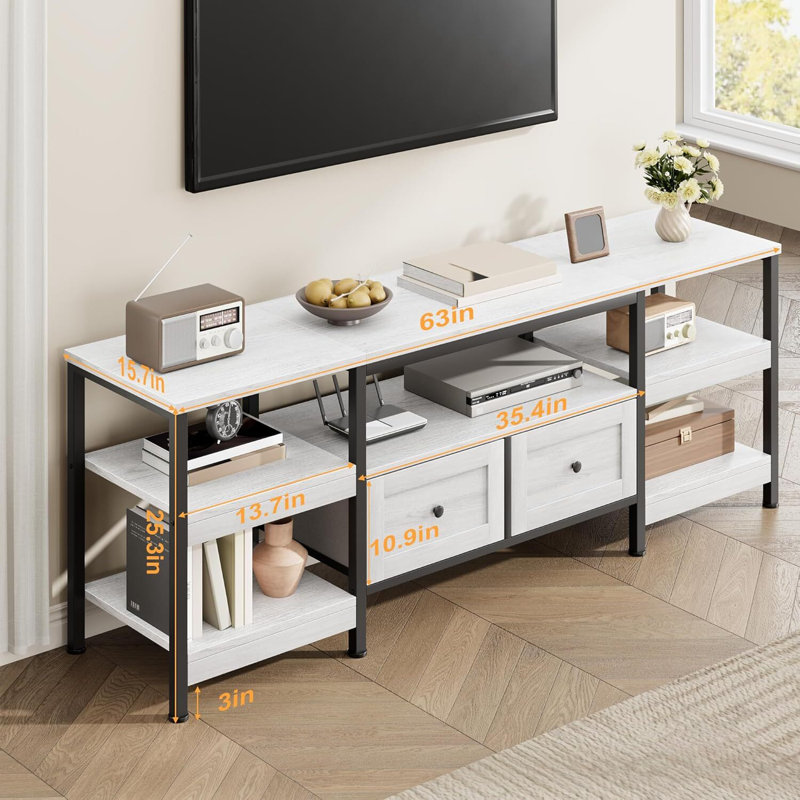 TV Stand, 64.3cm H x 199.9cm L x 39.9cm W, White Wood