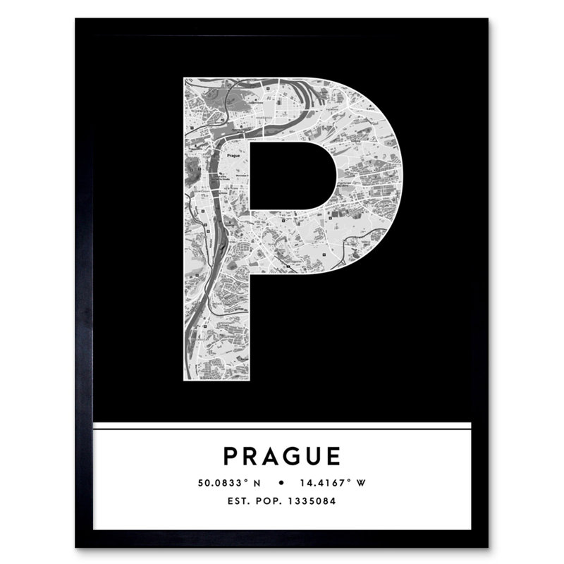 Prague Czechia City Map Black And White - Single Picture Frame Typography
