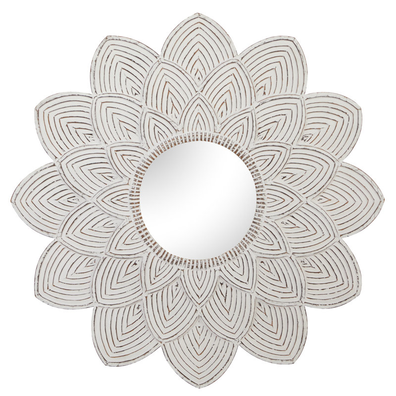 White Carved Floral Round Wood Wall Mirror
