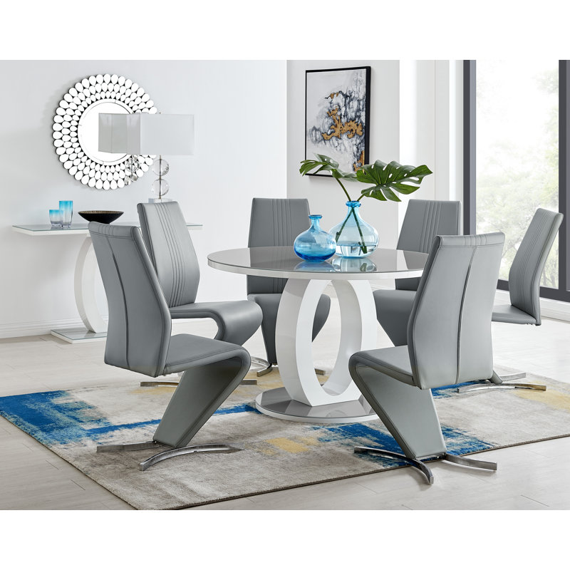 Scottsmoor 6 Seater High Gloss Round Dining Table Set with 6 Luxury Faux Leather Dining Chairs, Gray, Gray