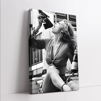 1PC, art mural noir et blanc, impression sur toile décorative moderne de style urbain avec femme élégante avec talon haut et bouteille de champagne pour le salon