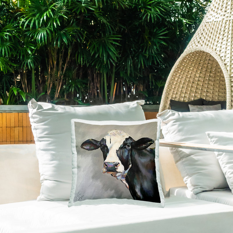 Belle Black and White Cow Outdoor Printed Pillow design by Linda Sperruzzi, Gray Cow