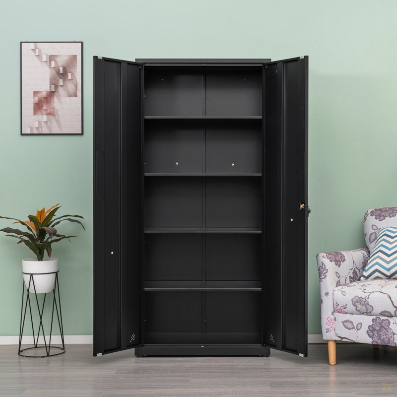 Armoire de rangement haute avec 2 portes et 4 cloisons pour séparer 5 espaces de rangement, conception maison / bureau, Noir