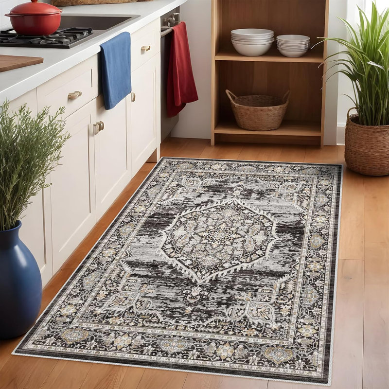 Washable Entryway Rug: Farmhouse Kitchen Hallway Rug Wide Soft Water Resistant Floor Mat for Bathroom Nursery Non Slip Indoor Carpet for Living Room Bedroom Dining Room(Black)