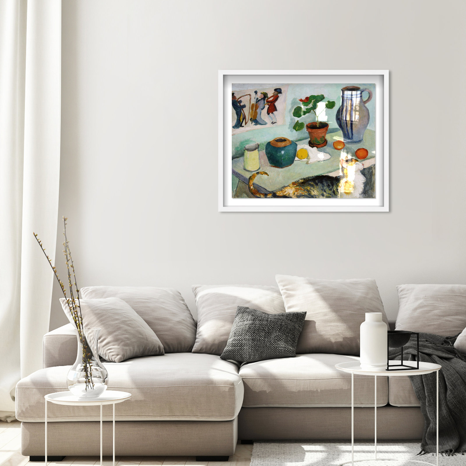 August Mackes Still Life With A Cat Art, White Framed, 21" H x 25" W x 0.5" D