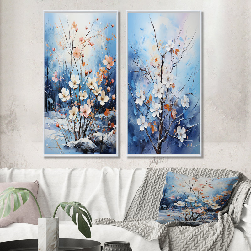 Bouquet de fleurs de neige harmonie - ensemble de 2 impressions sur toile, Cadre blanc, H 40 po x l 41 po