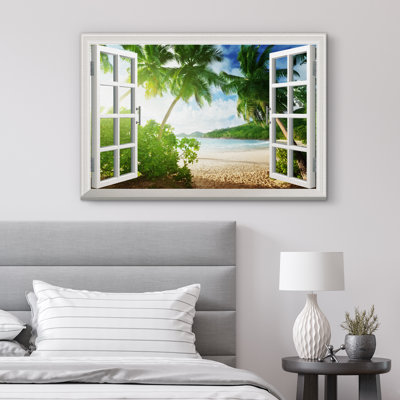 Fenêtre, paysage, palmiers verts tropicaux sur la plage, images côtières, impression sur toile