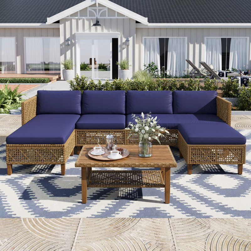 Outdoor Wicker Patio Conversation Furniture Set With Acacia Wood Coffee Table, Navy