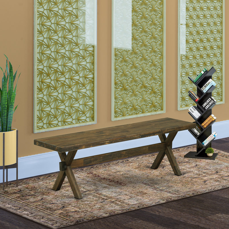 Banc de cuisine moderne en X avec siège en bois, finition jacobine patinée., H 18 po x l 15 po x P 60 po