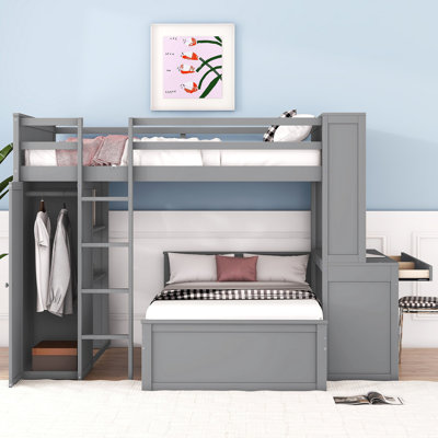 Lit mezzanine avec lit autonome, tablettes, bureau et garde-robe