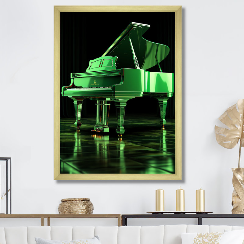 Green Grand Piano Elegance - Piano, art mural, Cadre doré simple, H 32 po x l 24 po x P 1 po