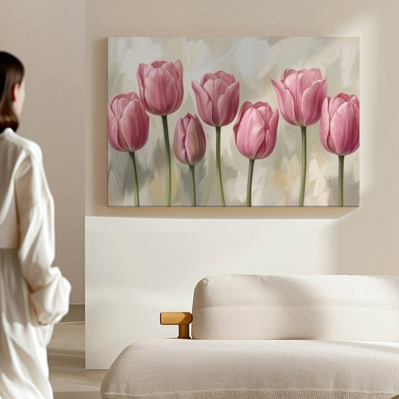 Impression sur toile moderne à motif floral «Pink Tulips in Bloom»