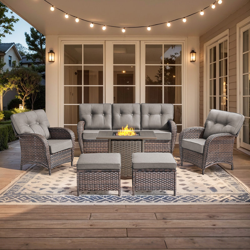 Fiorillo 6-Piece Outdoor Wicker Patio Conversation Set With Square Fire Pit Table And Lounge Chairs, Gray