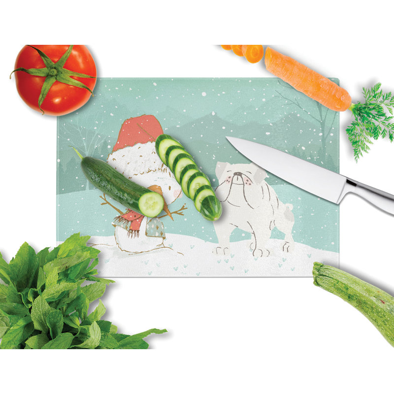 Planche à découper noël bonhomme de neige en verre trempé caroline, Bouledogue anglais blanc