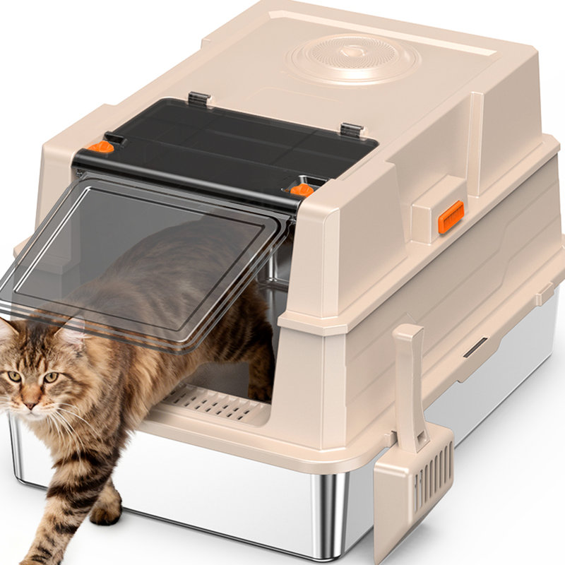 Bac à litière pour chat en acier inoxydable de grande taille, à conception surélevée à débordement, lavable, avec odeur, avec crochet, boîte de rangement de 28,46 po de profondeur, profond