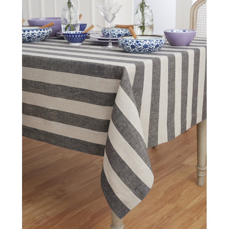 Cabana Stripe - 100% Pure Linen Tablecloth, 120" x 60", Black/Natural