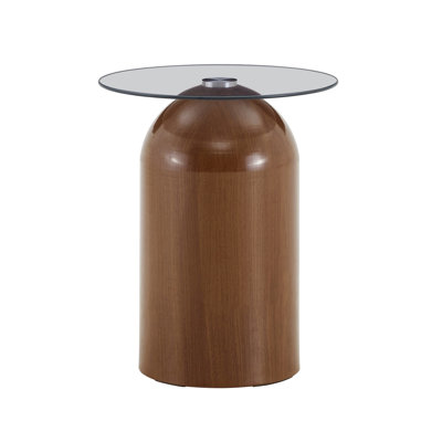 Table d'appoint ronde avec plateau en verre trempé et piètement en métal imitation noyer. Table d'appoint moderne en forme de cloche, idéale pour le salon, le bureau ou la décoration d'hôtel.
