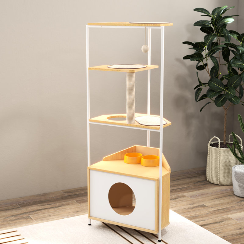 Arbre à chat avec poste d'alimentation et poteau à griffer, espace - blanc + chêne, sécuritaire pour les chats d'intérieur