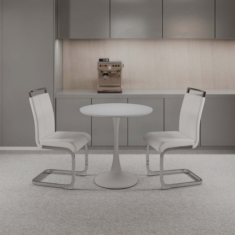 Table de salle à manger circulaire, table de salle à manger, table de salle à manger pour 2 à 4 personnes, plateau et base en panneau de fibres à densité moyenne et 2 chaises de salle à manger en métal plaqué en polyuréthane