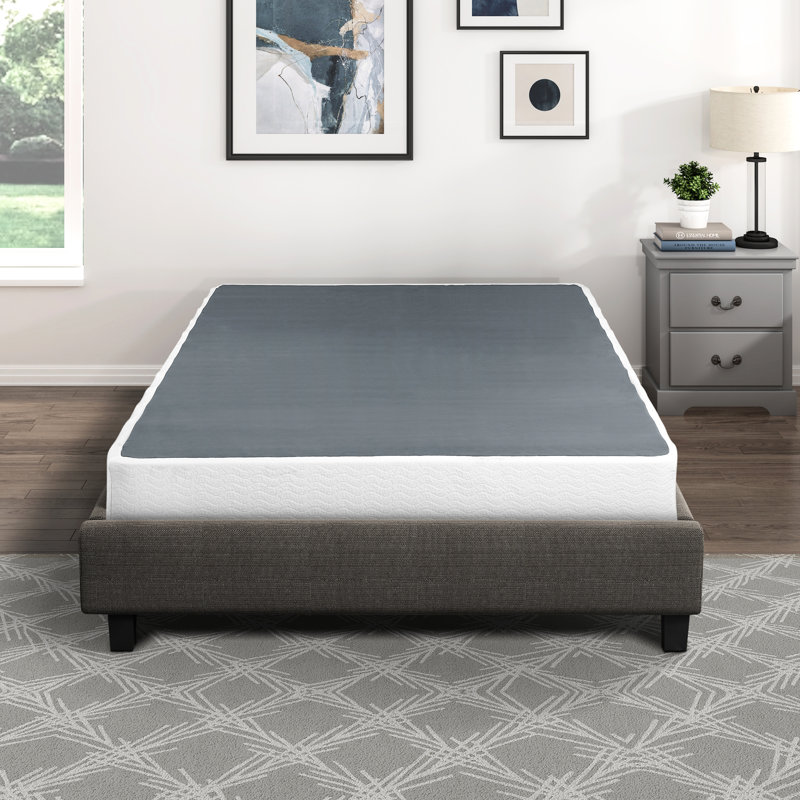 Mattress Foundation - Black Metal Frame With Textured White Fabric Cover, 8.5" High, 12 Support, Easy Assembly, 350lb Capacity, For Bedroom & Covering, Height, 12 Slat Weight Elemental