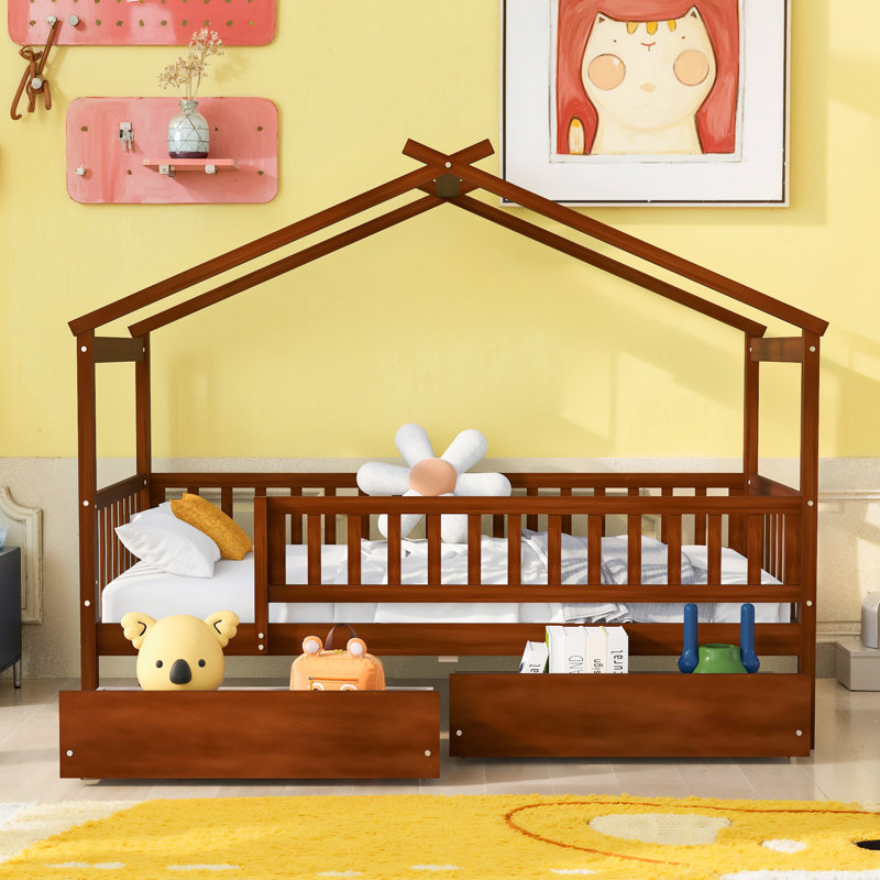 Lit simple en bois avec deux tiroirs, Noyer