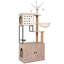Arbre à chat avec bac à litière - maisonnette pour chat moderne avec poteaux à griffer, bol d'alimentation et bâtons de pompons amovibles, gris