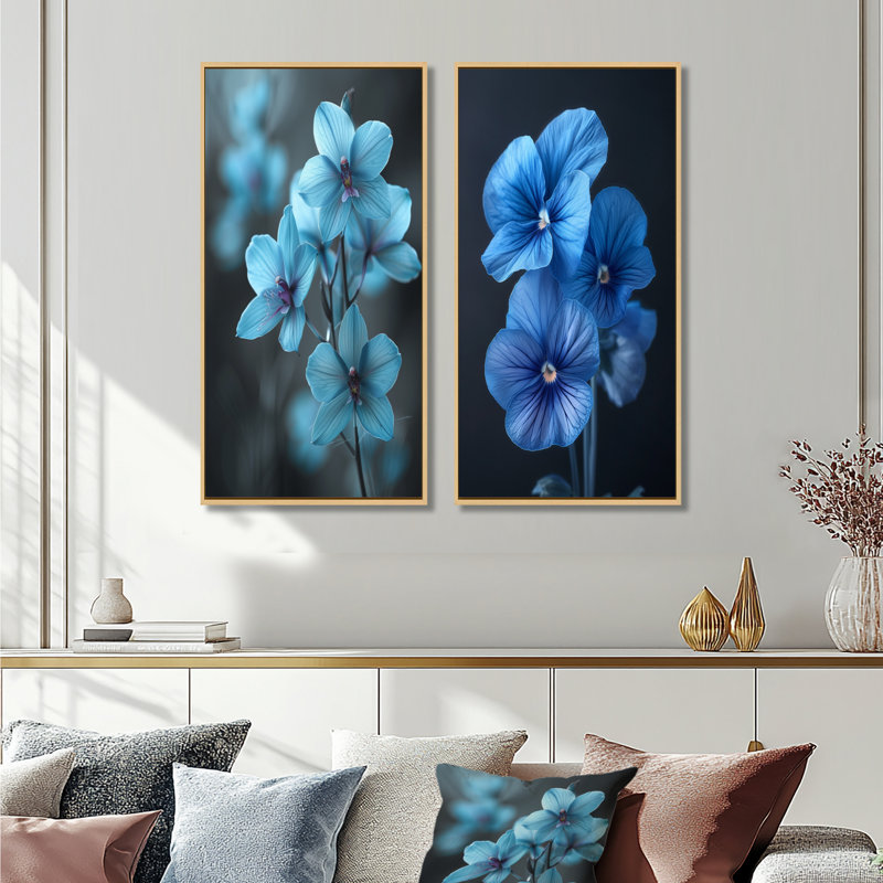 Ensemble de 2 pièces d'art mural orchidées bleues, H 32 po x l 32 po, Impression encadrée, Érable