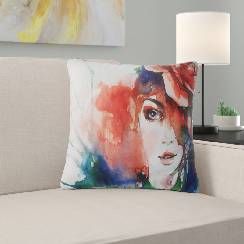 Femme avec rose - coussin à imprimé abstrait, 16 po x 1 po, Coussin décoratif