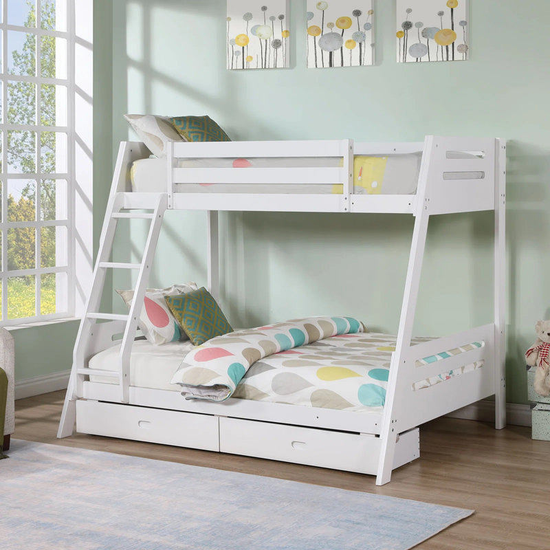 Lit superposé simple au-dessus d'un lit double avec échelle Emily, 2 tiroirs, bois Emily, Blanc