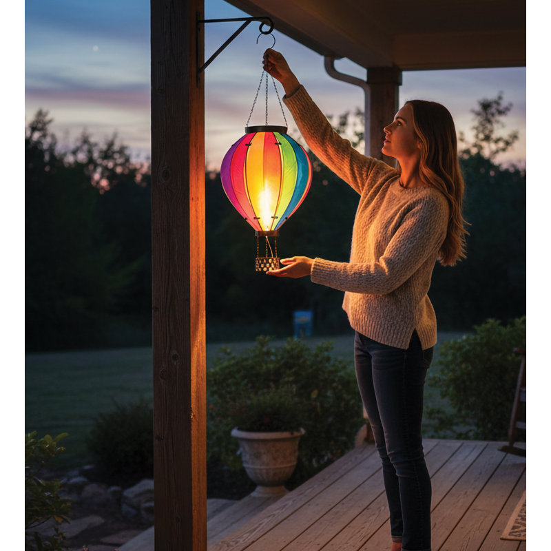 Herdon 27" Hanging Solar Hot Air Balloon Lantern with Glass Panels and Metal Frame - Rainbow, Rainbow