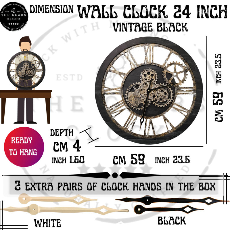 Wall Clock 24" Round Oversized for Living Room decor with Real Moving Gears America Collection, Vintage Black