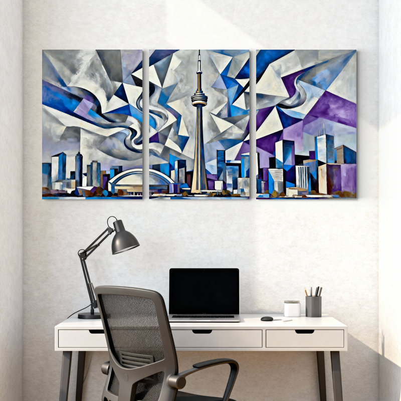 Ensemble de 3 reproductions d'art sur toiles abstraites avec formes géométriques et reflets, "Cités et pays"