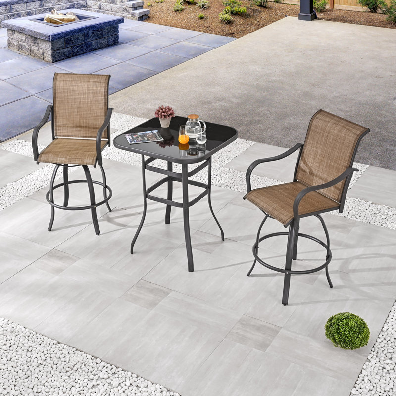 Ensemble de salle à manger 3 pièces à hauteur de bar en métal avec chaises en toile brun textilène et plateau en verre, Beige