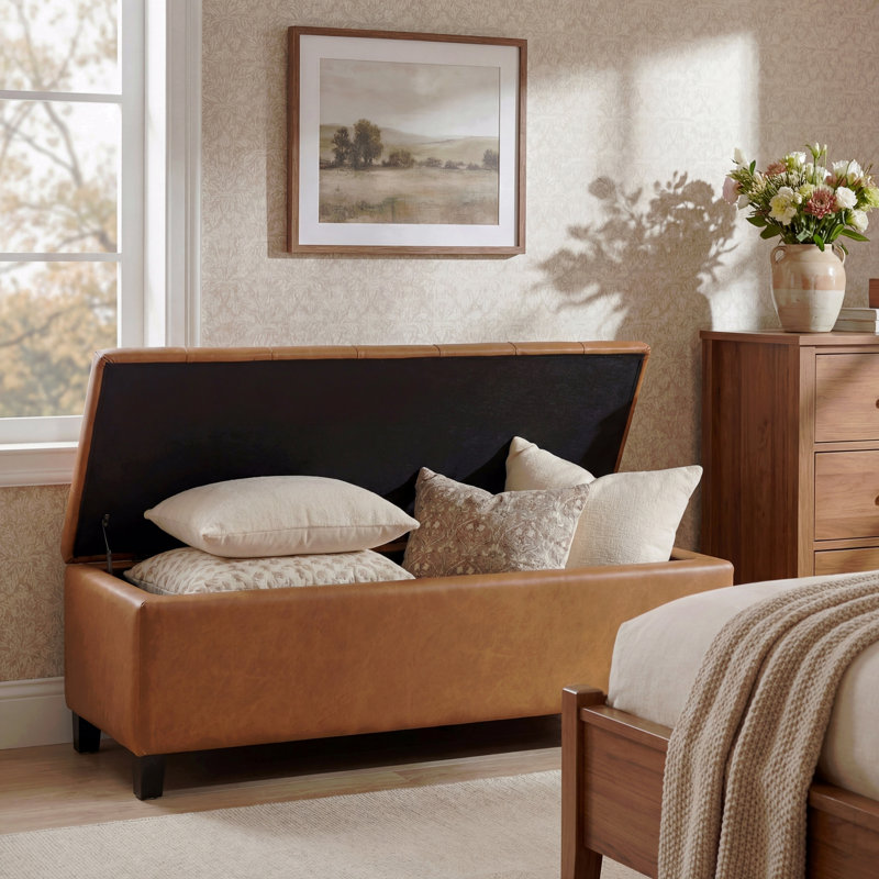Banc ottoman avec rangement, surface en PU marron, pieds en bois d'hévéa, capacité de charge de 136 kg