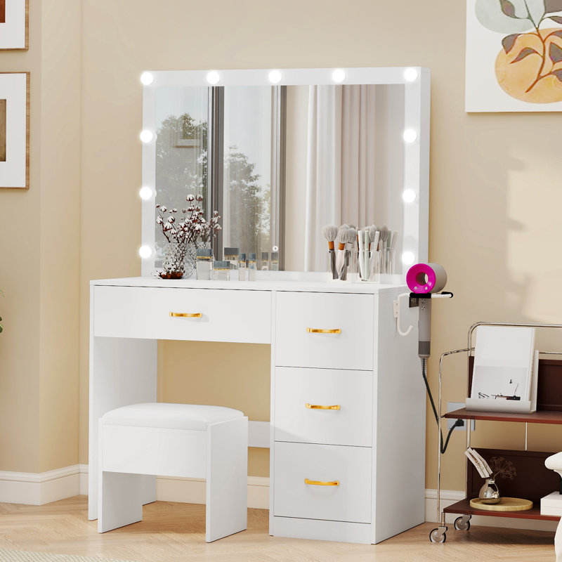 Makeup Vanity With LED Mirror, White
