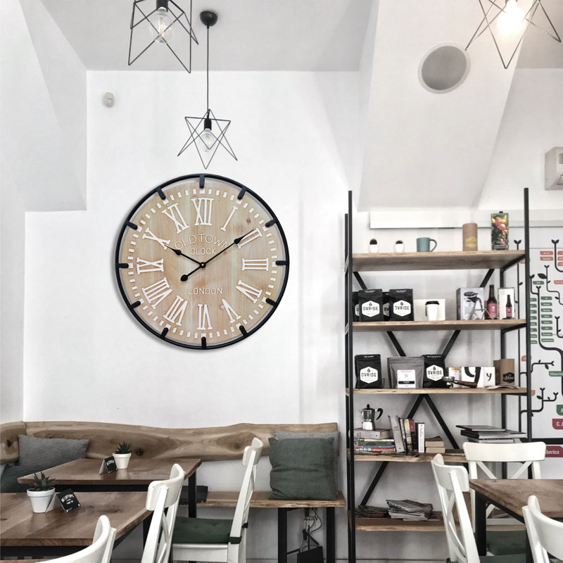 Horloge murale rustique en bois avec cadre en fer (blanc, 24 pouces), Médium