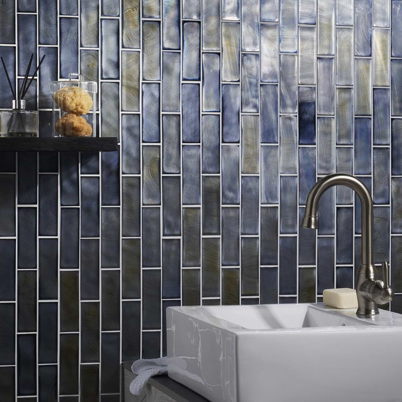 Magico 12x12 Iridescent Polished Glass Mosaic Tile, Night Black