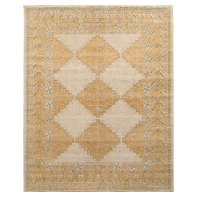 Rug & Kilim’S Distressed Custom Rug In Beige & Yellow Geometric Pattern