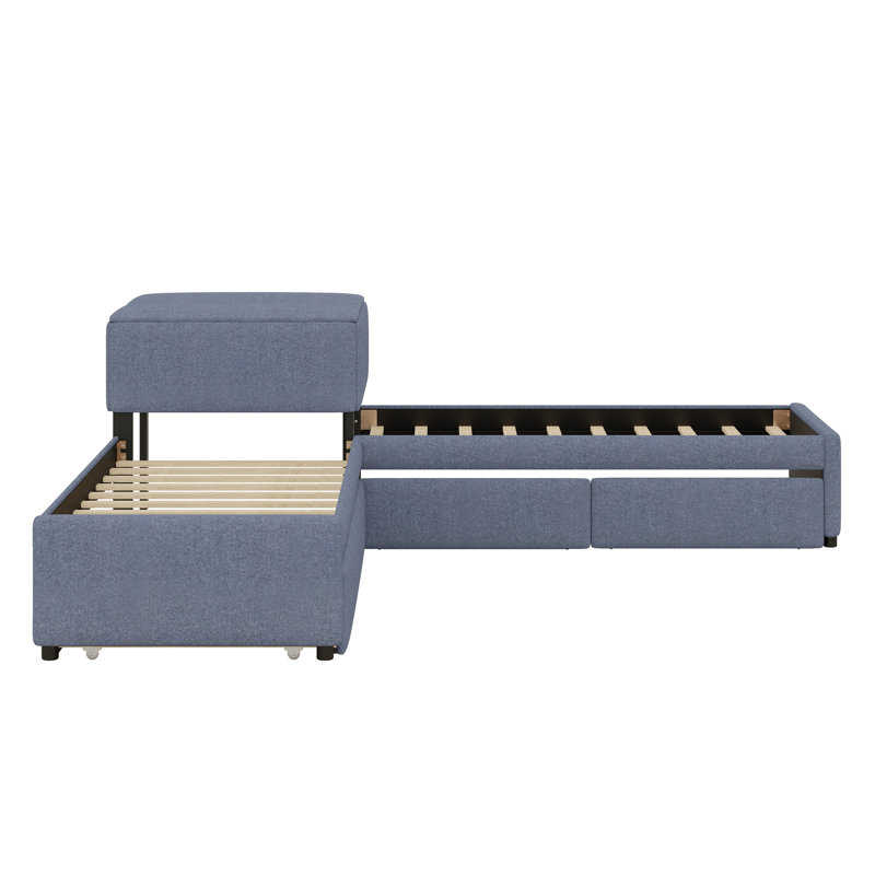 L-Shaped Upholstered Platform Bed With Trundle And Two Drawers Linked With Desk