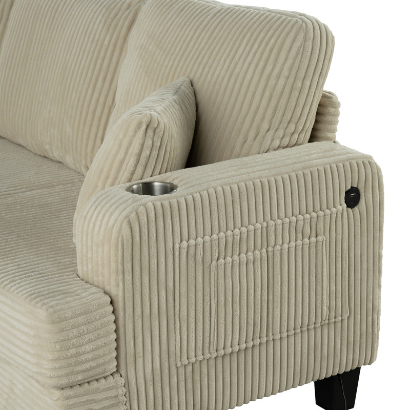 Canapé 84 po à 3 places avec accoudoirs carrés rembourrés 84 po avec porte-gobelets, poches et prises USB, Beige