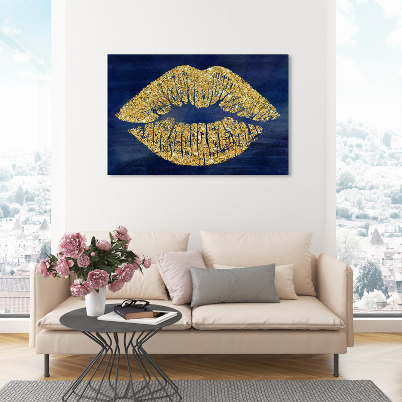 Navy and Gold Glitter Kiss Canvas Print, 20 x 30 inches