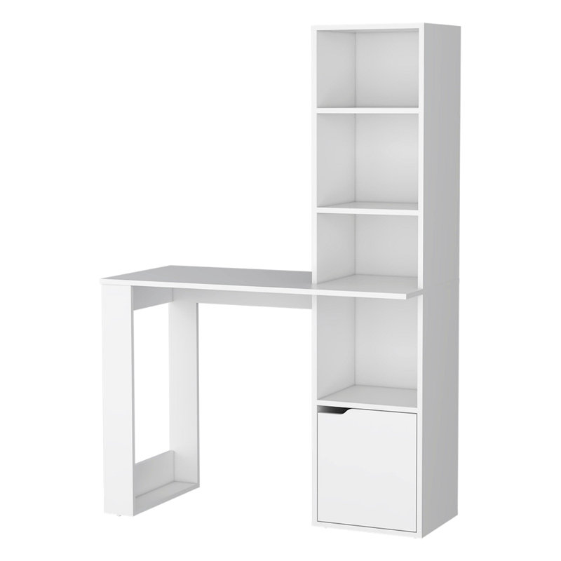 Computer Desk With 4-Tier Bookcase And 1-Door Cabinet, White