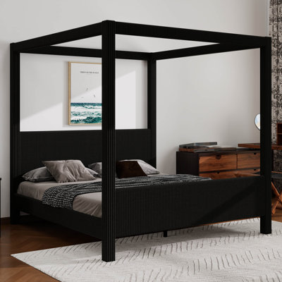 Lit à baldaquin avec tête de lit et pied de lit à baldaquin, structure de lit à baldaquin en bois, conception en velours côtelé vertical