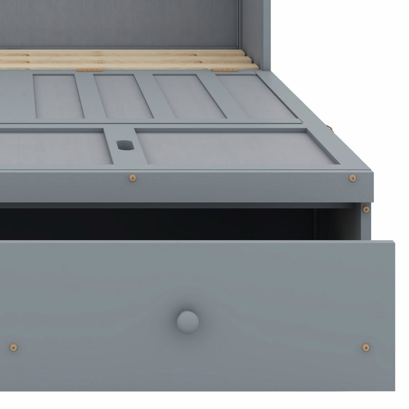 Lit escamotable avec port USB et grand tiroir, gris, Lit double