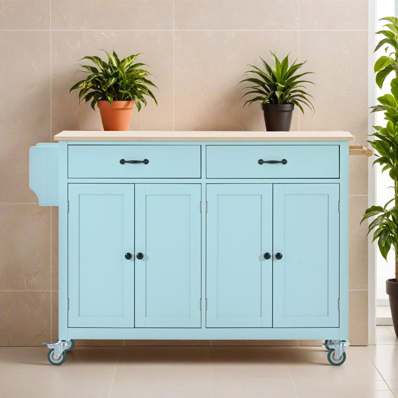 54.34" Rolling Mobile Kitchen Island with Solid Wood Top and Locking Wheels, Storage Cabinet and Drop Leaf Top, Spice Rack, Towel Rack for Kitchen