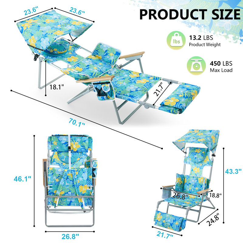 Backpack Folding Beach Chair With Adjustable Sunshade, Backrest And Footrest, Reclining Lounge Chair Facedown Tanning Chair For Beach Camping Pool Patio